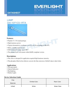 PDF Document Cover - 334-15/F1C5-1 RTA LED Lamp Datasheet - T-1 3/4 Package - 3.6V Max - 110mW - White Light - English Technical Document