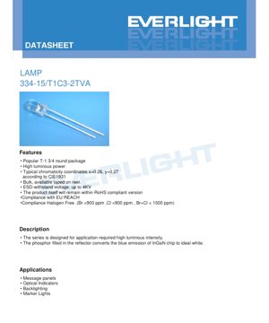PDF Document Cover - 334-15/T1 C3-2TVA LED Lamp Datasheet - T-1 3/4 Package - 3.6V Max - 30mA - White Light - English Technical Document