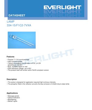 PDF Document Cover - White LED Lamp 334-15/F1C2-7VXA Datasheet - T-1 3/4 Package - 20mA - 3.2V Typ - 110mW - English Technical Document