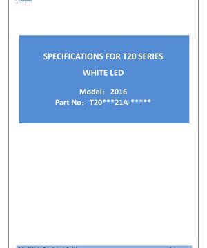 PDF Document Cover - T20 Series 2016 White LED Datasheet - Size 2.0x1.6x0.75mm - Voltage 5.9-6.4V - Power 0.64W - English Technical Document